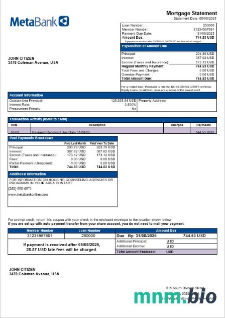 USA Waszyngton Metabank wyciąg z kredytu hipotecznego w formatach Word i PDF